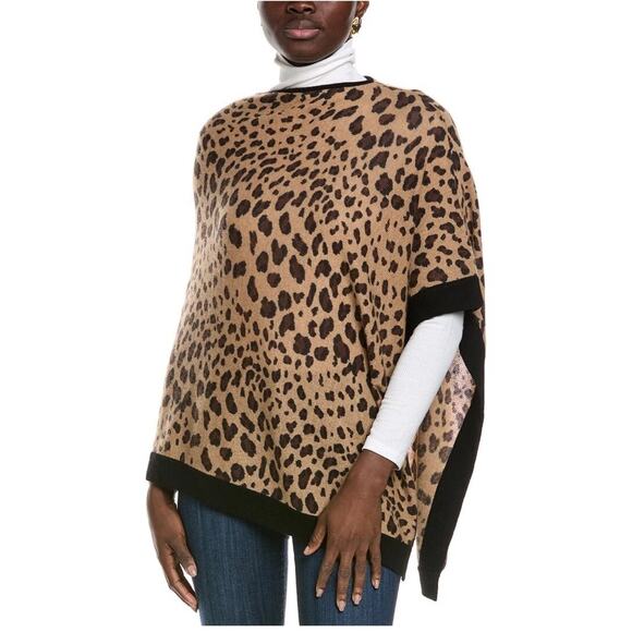 Forte Cashmere Poncho Shawl Sweater One Size Brown Animal Print Classic Chic - Picture 2 of 9